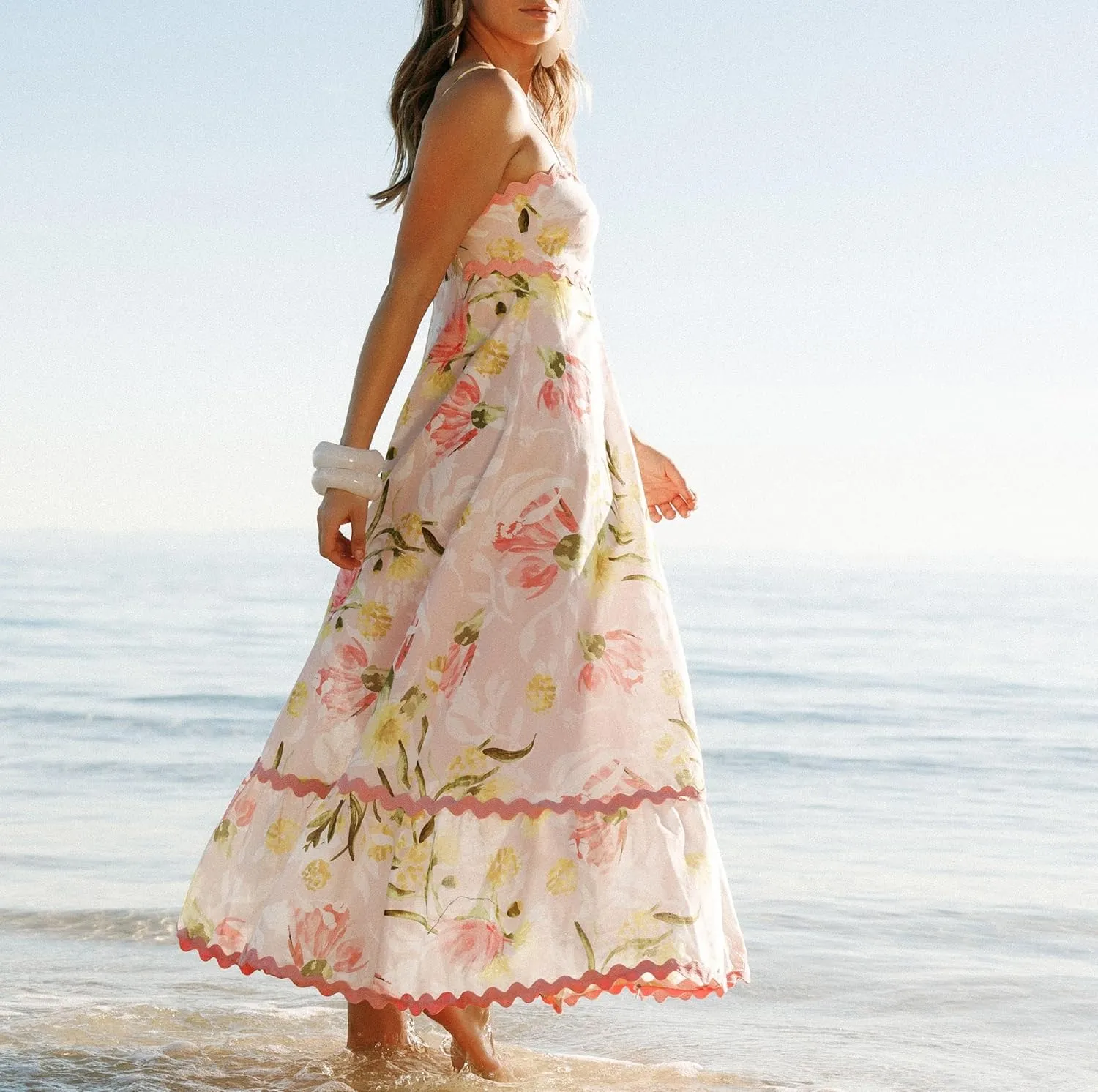 Women Tie Shoulder Boho Maxi Dress Floral Sleeveless Vacation Long Dress Summer Smocked Flowy Beach Sundresses