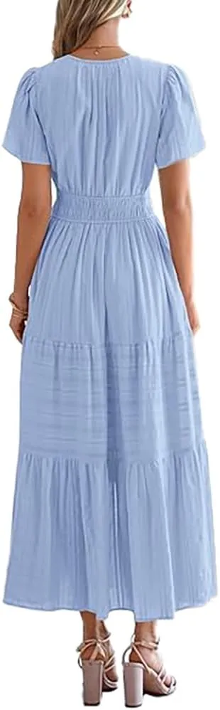 Women's Boho Floral Midi Dress Ruffle Hem Puffy Short Sleeve Summer Maxi Dress
