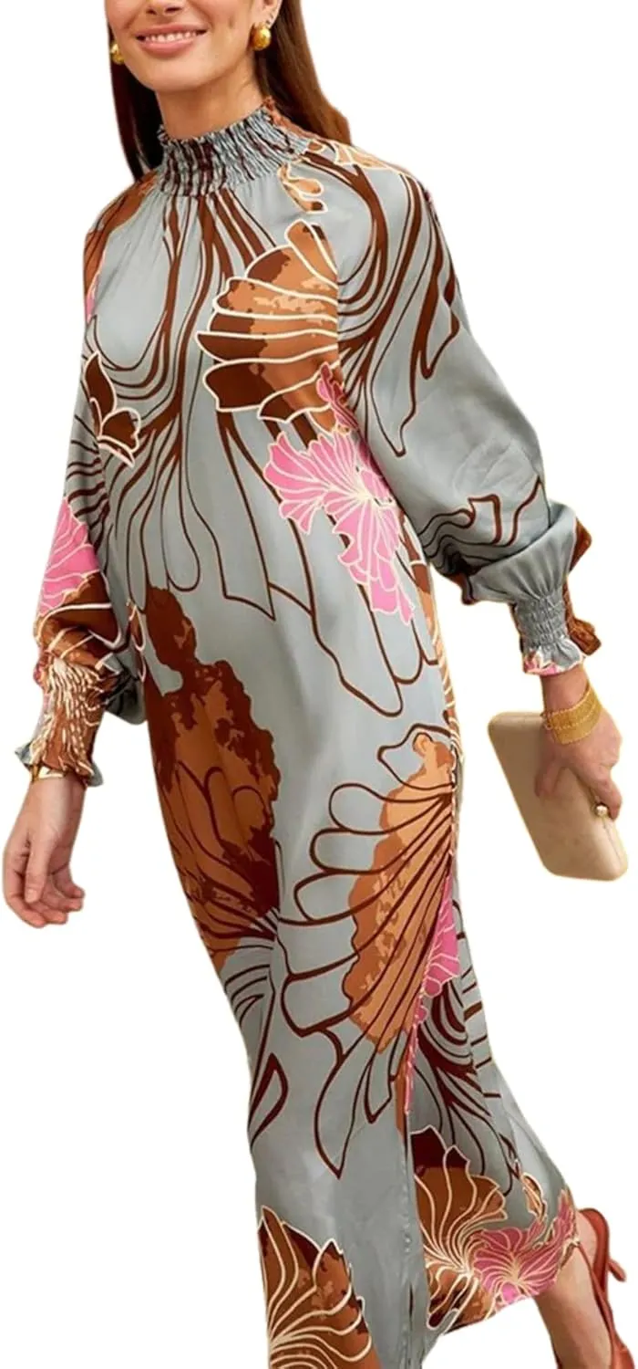 Women's Maxi Dress Stylish Print Round Neck Long Sleeve Popular 2025 Summer Cocktail Holiday Outfits Shift Dress