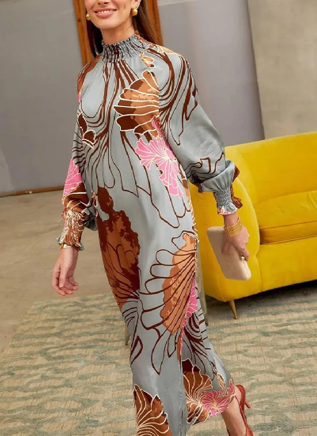Women's Maxi Dress Stylish Print Round Neck Long Sleeve Popular 2025 Summer Cocktail Holiday Outfits Shift Dress