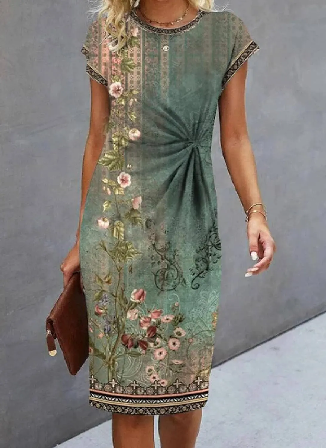Women's Mini Dress Green Retro Print Round Neck Short Sleeve Shift Fitted 2025 Spring Summer Trendy Knee-Length Dresses