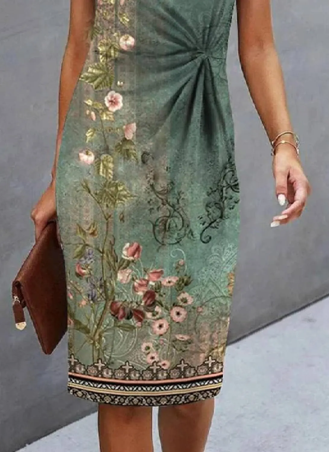 Women's Mini Dress Green Retro Print Round Neck Short Sleeve Shift Fitted 2025 Spring Summer Trendy Knee-Length Dresses
