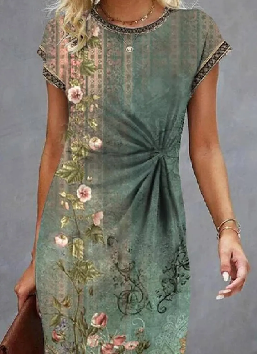 Women's Mini Dress Green Retro Print Round Neck Short Sleeve Shift Fitted 2025 Spring Summer Trendy Knee-Length Dresses