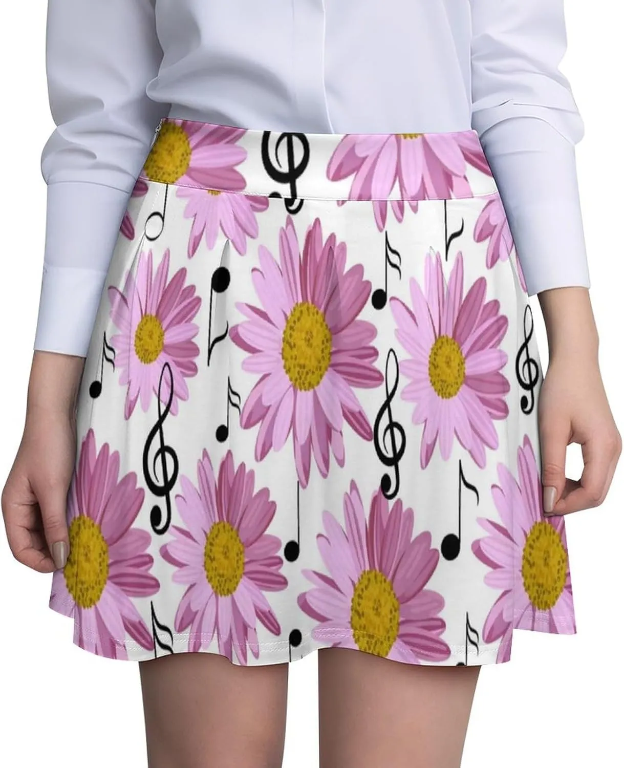 Women's Pink Flower Maiden Skater Mini Skirt High Waist Stylish Concealed Zipper Swing Skirts