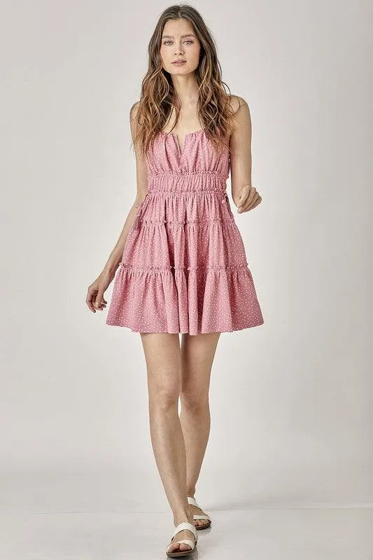 Womens Side Tassel Strap Tiered Polka Dot Dress