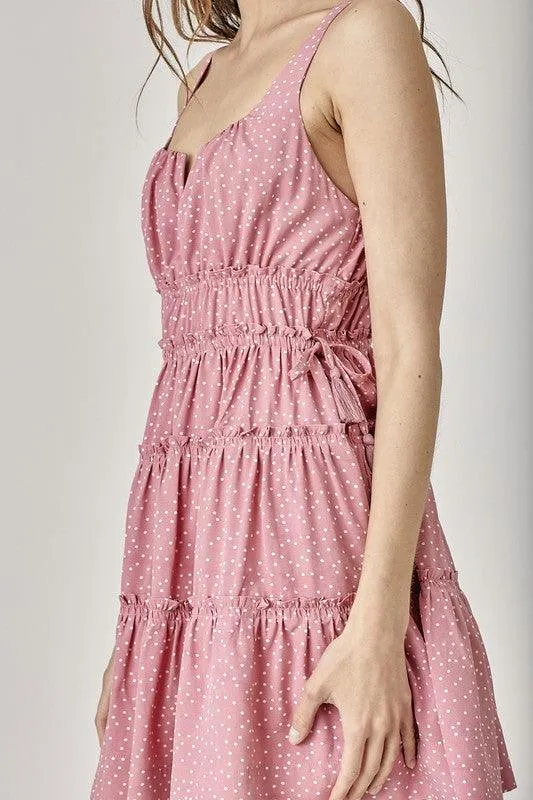 Womens Side Tassel Strap Tiered Polka Dot Dress
