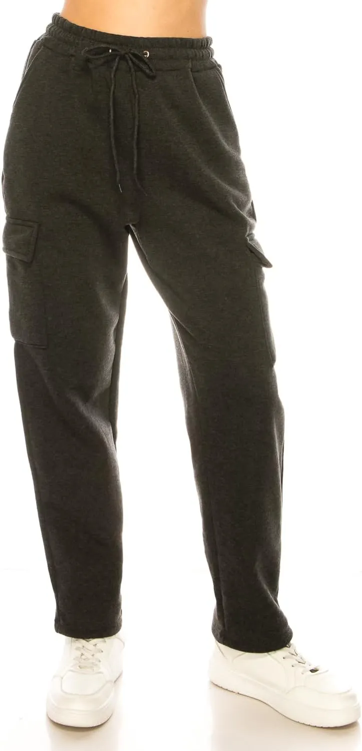 Women's Warm Athletic Cargo Sweatpants Drawstring Jogger Straight Relaxed Fit Fleece Pants