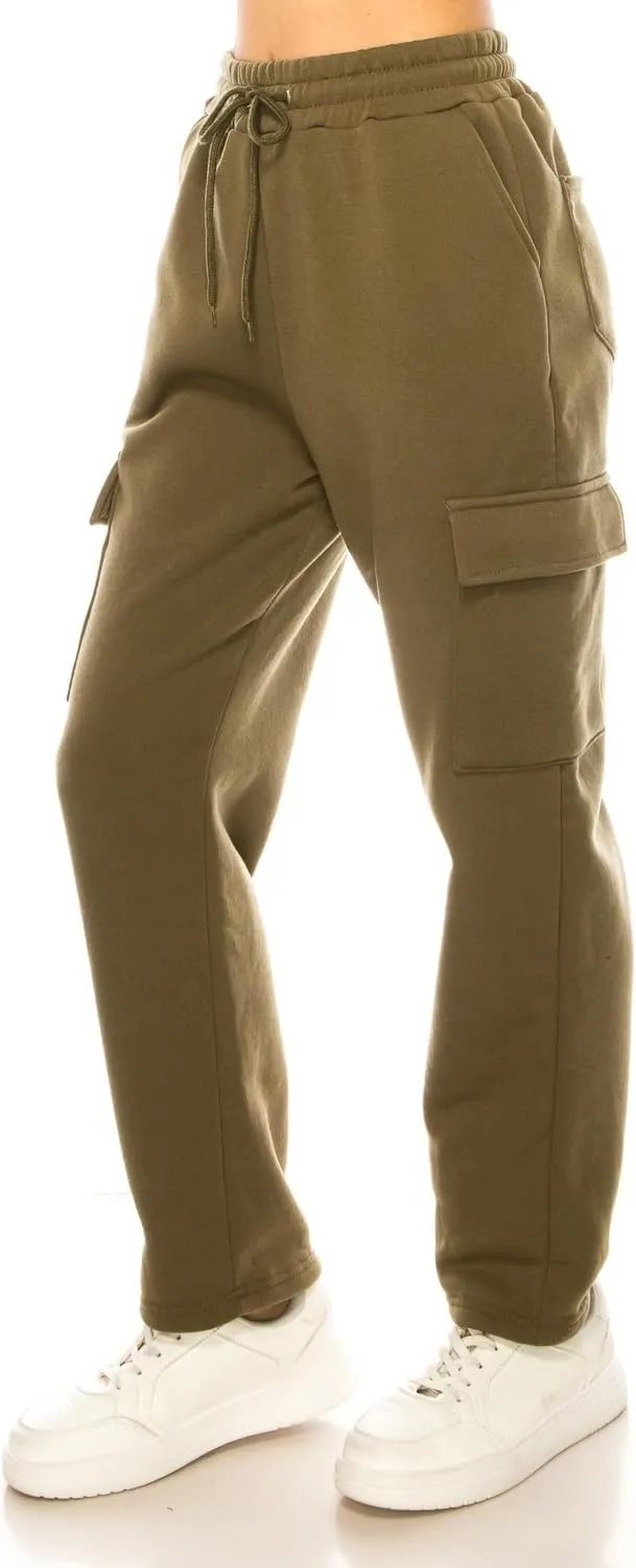 Women's Warm Athletic Cargo Sweatpants Drawstring Jogger Straight Relaxed Fit Fleece Pants