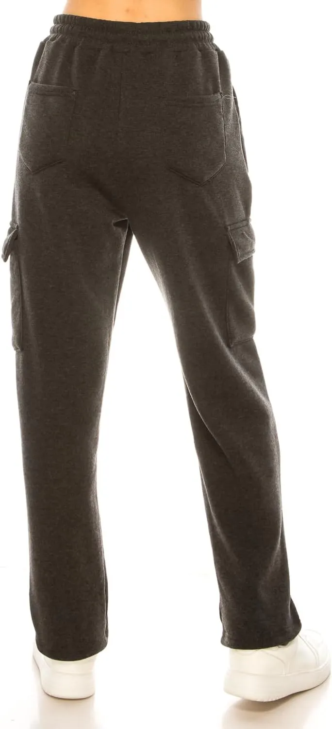 Women's Warm Athletic Cargo Sweatpants Drawstring Jogger Straight Relaxed Fit Fleece Pants