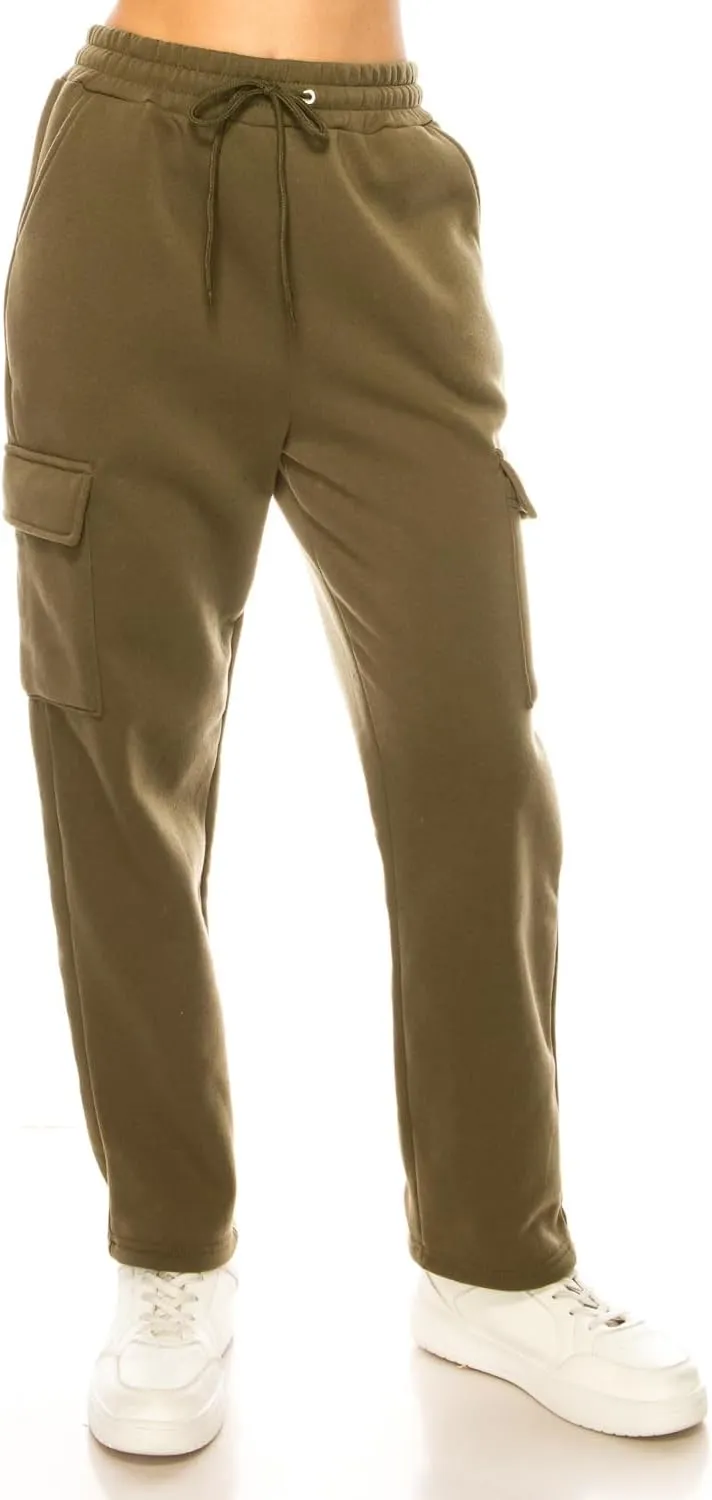 Women's Warm Athletic Cargo Sweatpants Drawstring Jogger Straight Relaxed Fit Fleece Pants