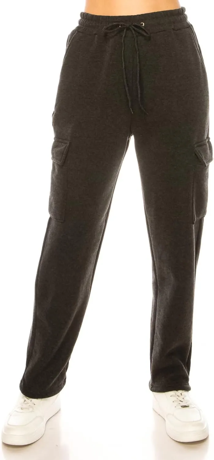 Women's Warm Athletic Cargo Sweatpants Drawstring Jogger Straight Relaxed Fit Fleece Pants