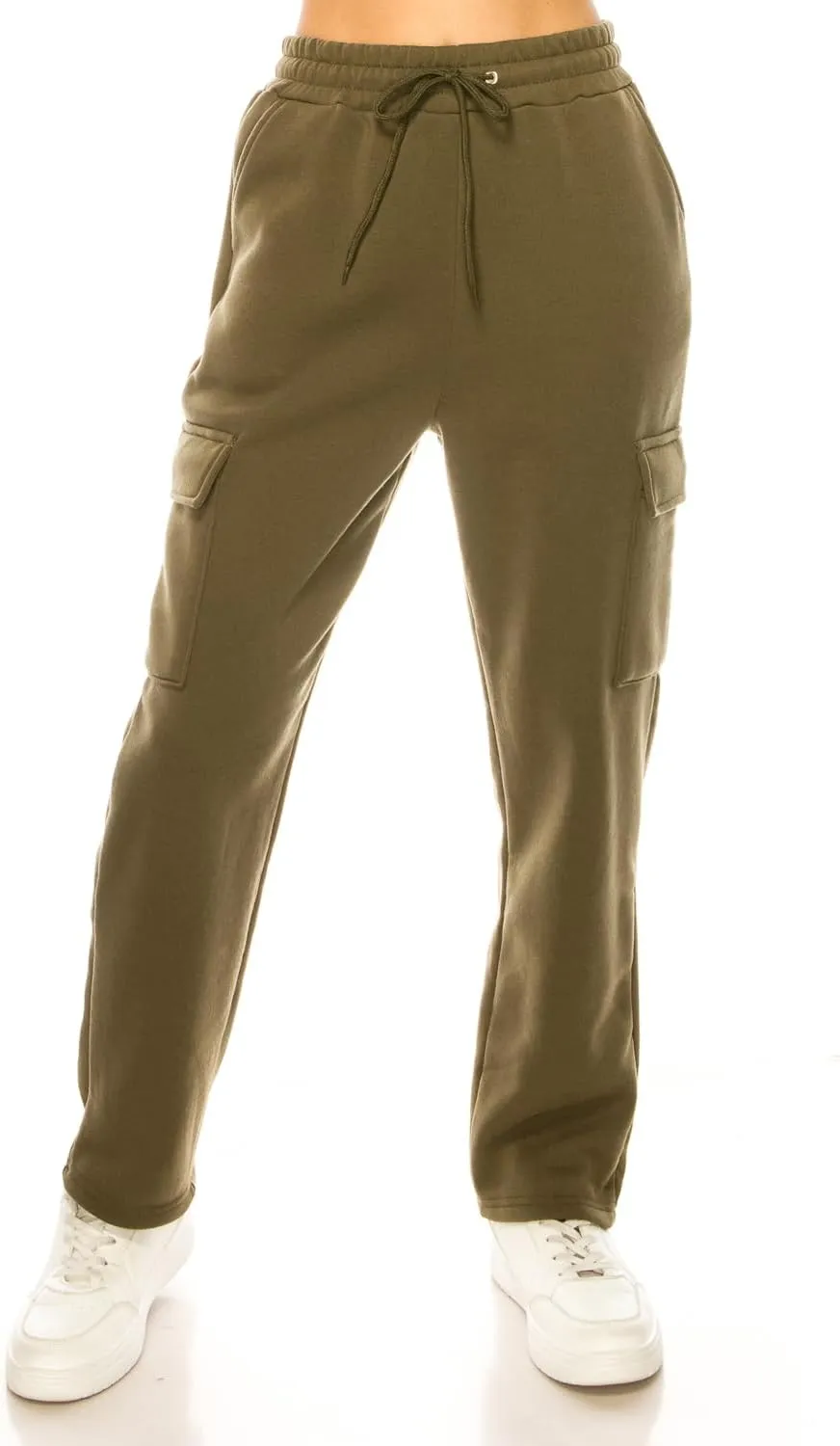 Women's Warm Athletic Cargo Sweatpants Drawstring Jogger Straight Relaxed Fit Fleece Pants