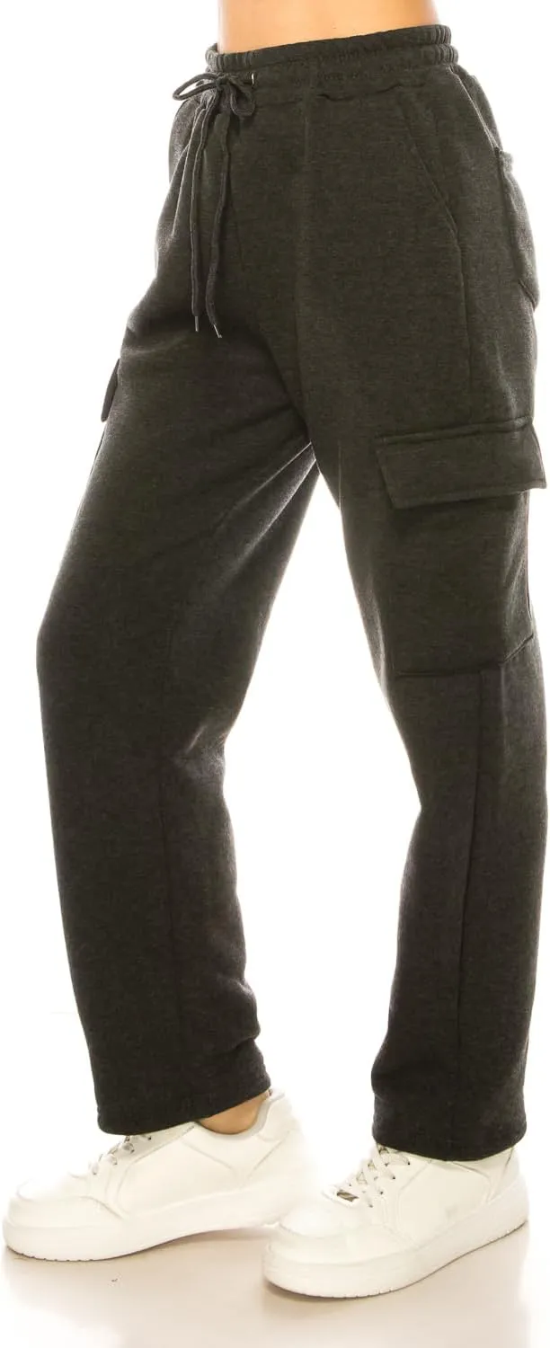 Women's Warm Athletic Cargo Sweatpants Drawstring Jogger Straight Relaxed Fit Fleece Pants