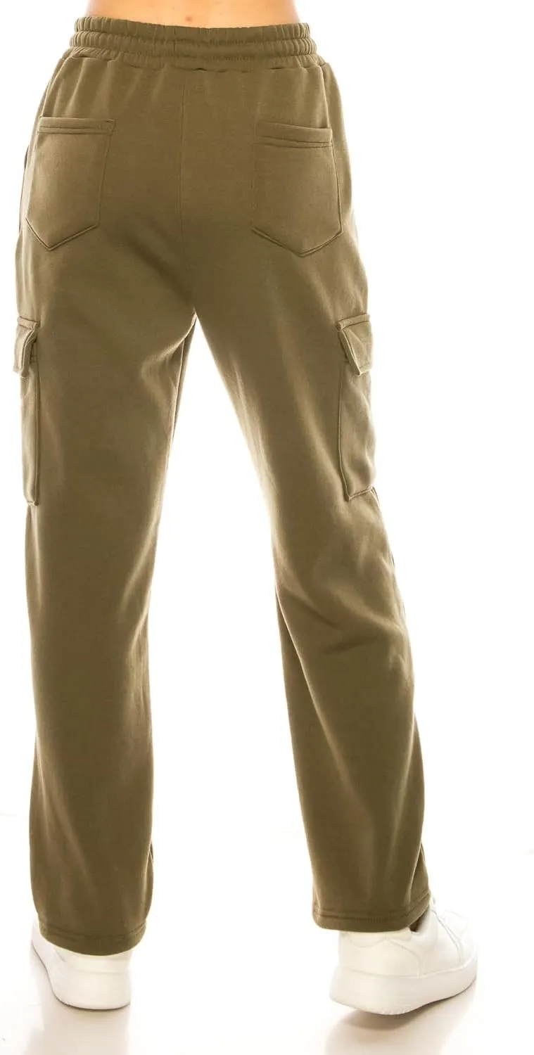 Women's Warm Athletic Cargo Sweatpants Drawstring Jogger Straight Relaxed Fit Fleece Pants