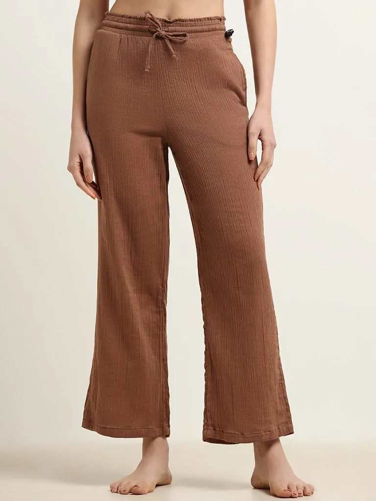 Wunderlove Brown Cotton Crinkled Relaxed Beach Pants