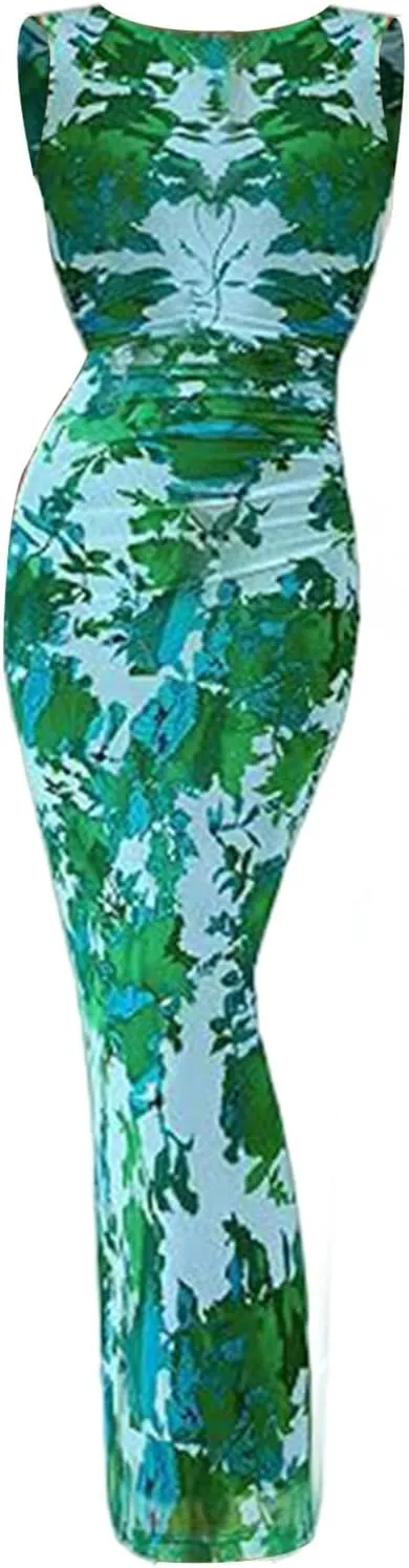 XOWRTE Women's Bodycon Maxi Dress Fall Spring Fashion Sleeveless Floral Print Tight Fitted Party Club Ruched Tank Dresses