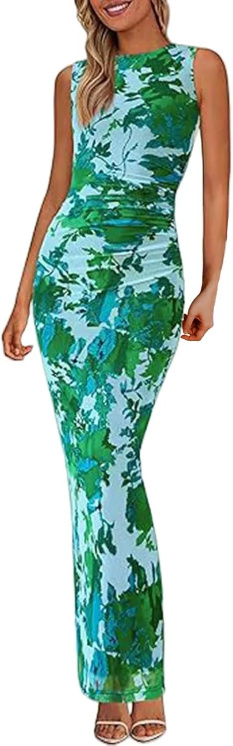 XOWRTE Women's Bodycon Maxi Dress Fall Spring Fashion Sleeveless Floral Print Tight Fitted Party Club Ruched Tank Dresses