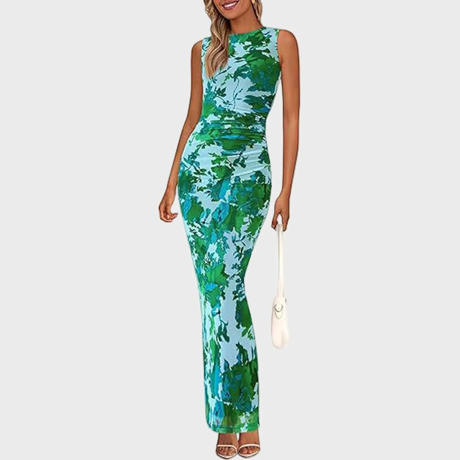 XOWRTE Women's Bodycon Maxi Dress Fall Spring Fashion Sleeveless Floral Print Tight Fitted Party Club Ruched Tank Dresses