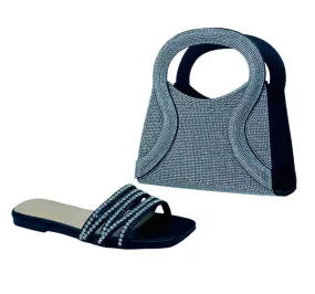 Yunai Black Rhinestone Flat Sandals and Matching Sparkly Handbag Set