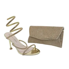 Yunai Strappy Rhinestone Spiral High Heels and Matching Clutch Set